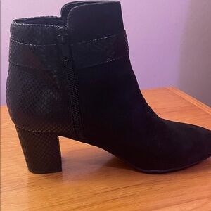 Karen Scott Black Suede Block Heel Ankle Boot with Textured Accent
